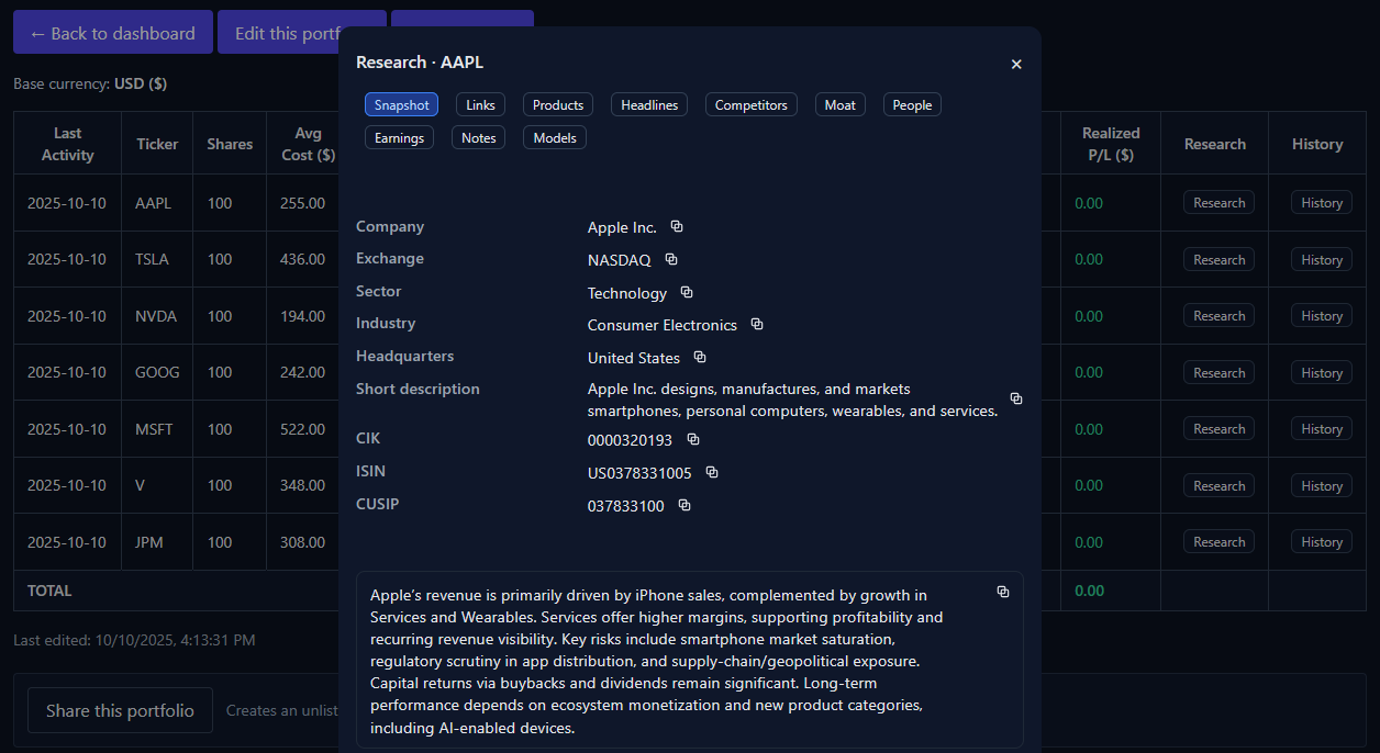 Preview of the Research modal with company details